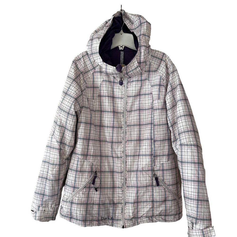 Burton Snowboard Jacket Winter Coat Women Large Plaid White Purple Insulate Ski